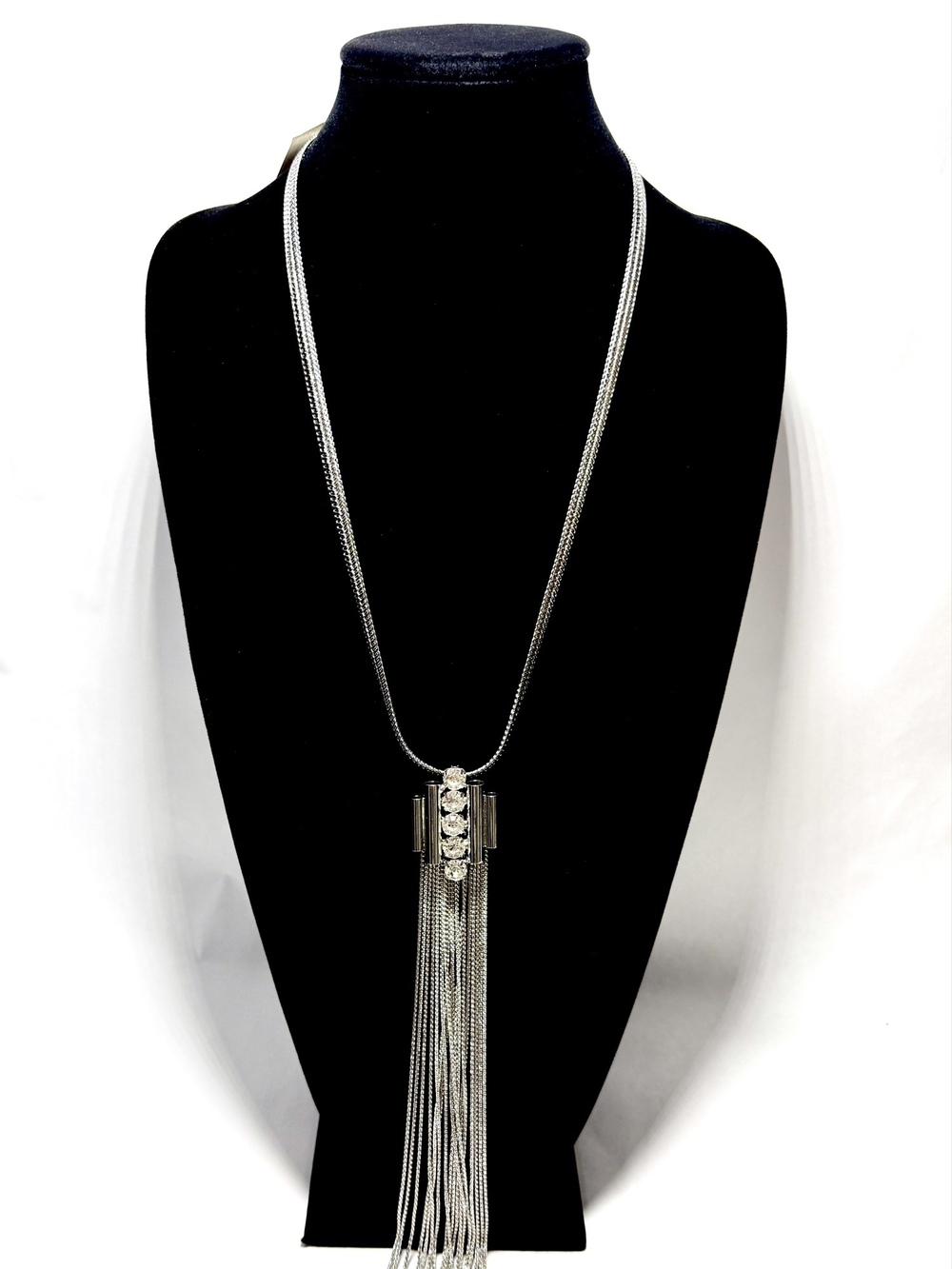 Leslie Danzis Five Bar Crystal Statement Necklace Silver & Black | NWT